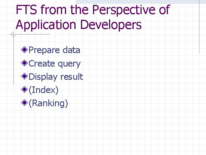FTS from the Perspective of Application Developers Prepare data Create query Display result (Index)