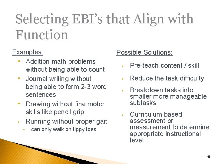 Selecting EBI’s that Align with Function Examples: Addition math problems without being able to
