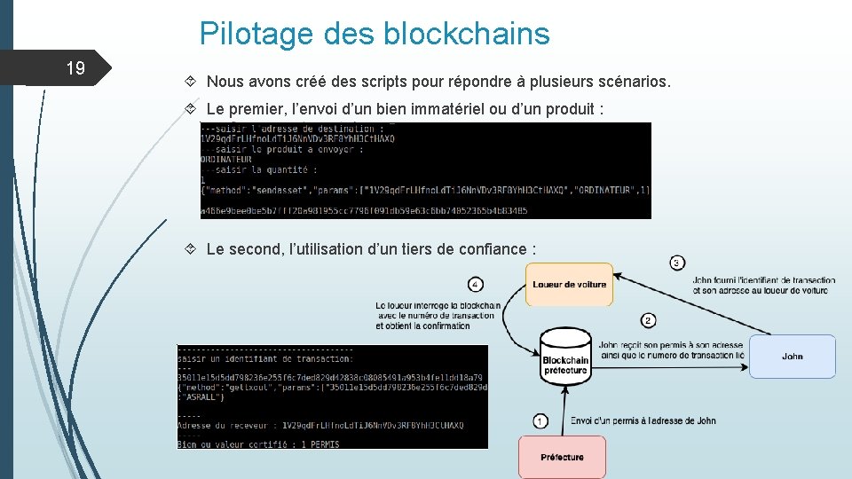 Pilotage des blockchains 19 Nous avons créé des scripts pour répondre à plusieurs scénarios.