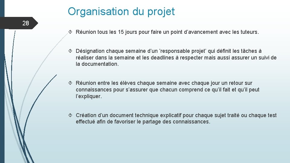 Organisation du projet 28 Réunion tous les 15 jours pour faire un point d’avancement