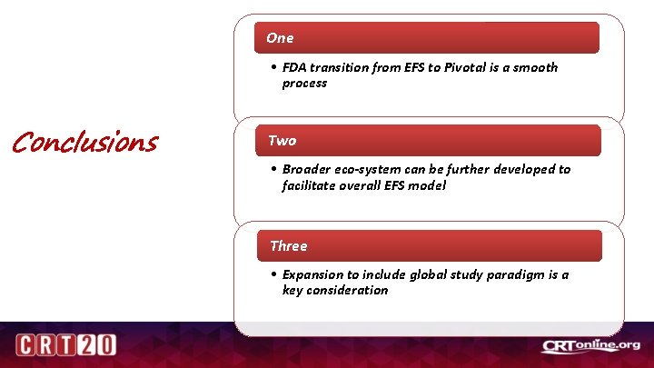 One • FDA transition from EFS to Pivotal is a smooth process Conclusions Two