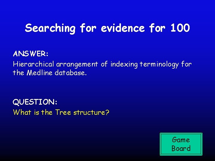 Searching for evidence for 100 ANSWER: Hierarchical arrangement of indexing terminology for the Medline