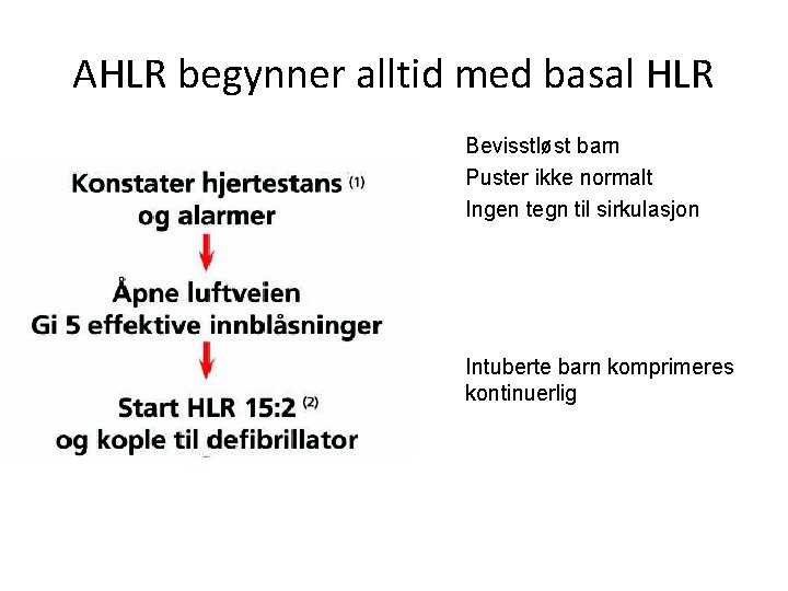 AHLR begynner alltid med basal HLR n n Bevisstløst barn Puster ikke normalt Ingen