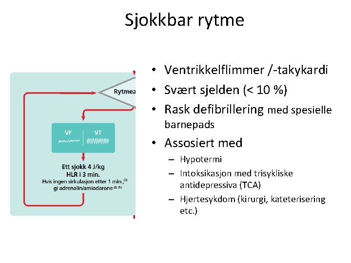 Sjokkbar rytme • Ventrikkelflimmer /-takykardi • Svært sjelden (< 10 %) • Rask defibrillering