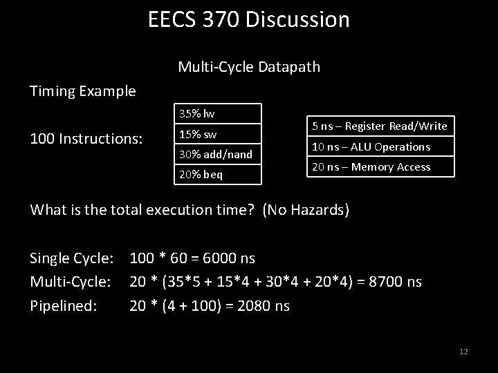 EECS 370 Discussion Multi-Cycle Datapath Timing Example 35% lw 100 Instructions: 15% sw 30%