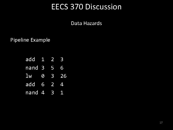 EECS 370 Discussion Data Hazards Pipeline Example add nand lw add nand 1 3