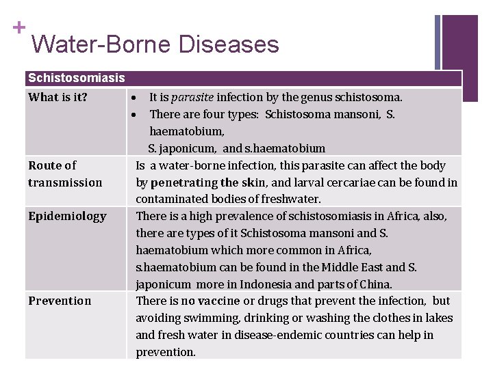 + Water-Borne Diseases Schistosomiasis What is it? Route of transmission Epidemiology Prevention It is