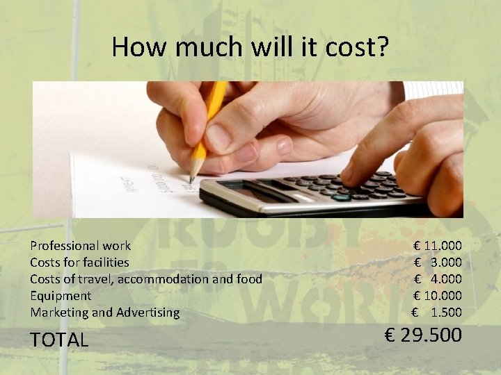 How much will it cost? Professional work Costs for facilities Costs of travel, accommodation