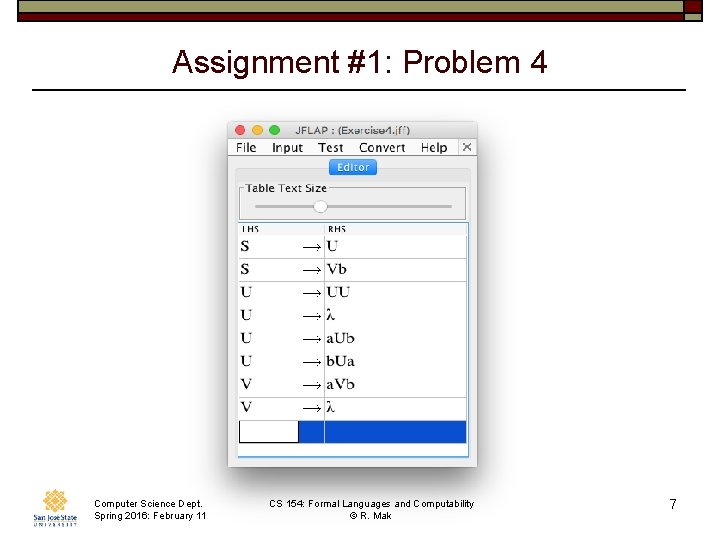 Assignment #1: Problem 4 Computer Science Dept. Spring 2016: February 11 CS 154: Formal