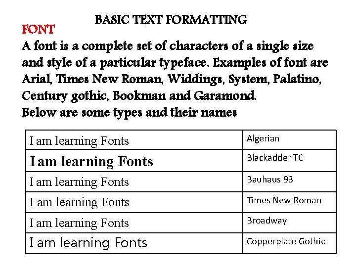 BASIC TEXT FORMATTING FONT A font is a complete set of characters of a