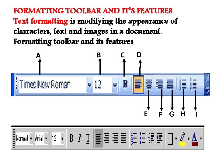 FORMATTING TOOLBAR AND IT’S FEATURES Text formatting is modifying the appearance of characters, text