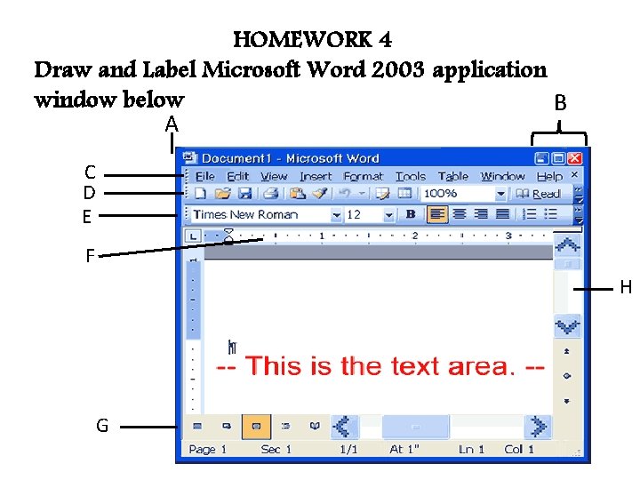 HOMEWORK 4 Draw and Label Microsoft Word 2003 application window below B A C