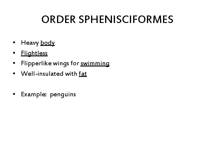 ORDER SPHENISCIFORMES • • Heavy body Flightless Flipperlike wings for swimming Well-insulated with fat