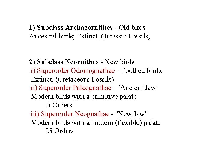 1) Subclass Archaeornithes - Old birds Ancestral birds; Extinct; (Jurassic Fossils) 2) Subclass Neornithes