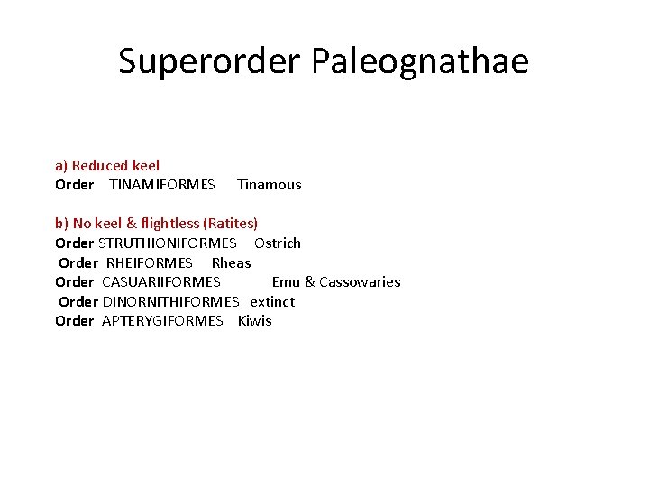 Superorder Paleognathae a) Reduced keel Order TINAMIFORMES Tinamous b) No keel & flightless (Ratites)