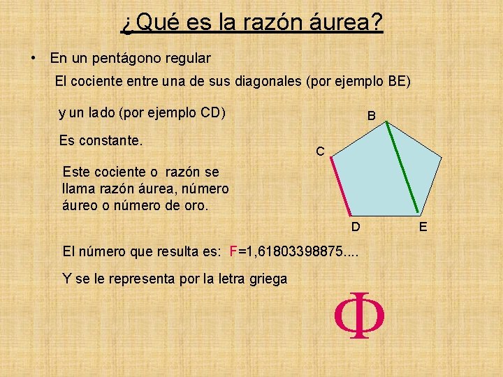 ¿Qué es la razón áurea? • En un pentágono regular El cociente entre una