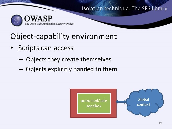 Isolation technique: The SES library Object-capability environment • Scripts can access – Objects they