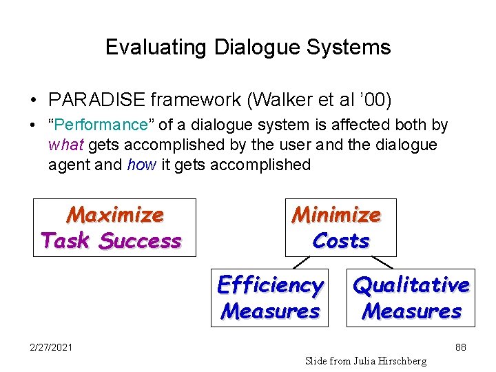 Evaluating Dialogue Systems • PARADISE framework (Walker et al ’ 00) • “Performance” of