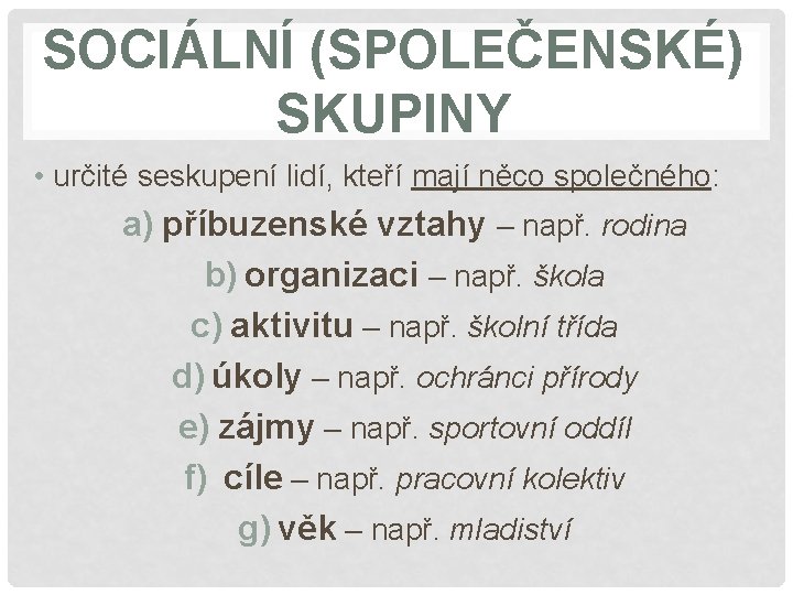 SOCIÁLNÍ (SPOLEČENSKÉ) SKUPINY • určité seskupení lidí, kteří mají něco společného: a) příbuzenské vztahy