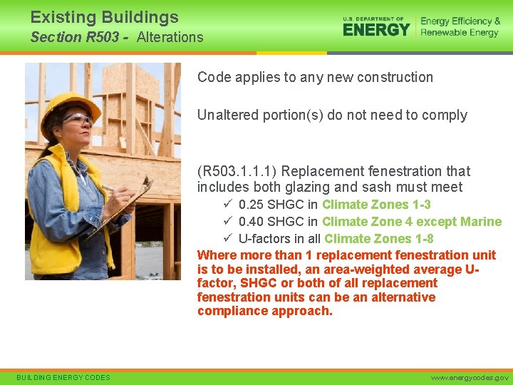 Existing Buildings Section R 503 - Alterations Code applies to any new construction Unaltered