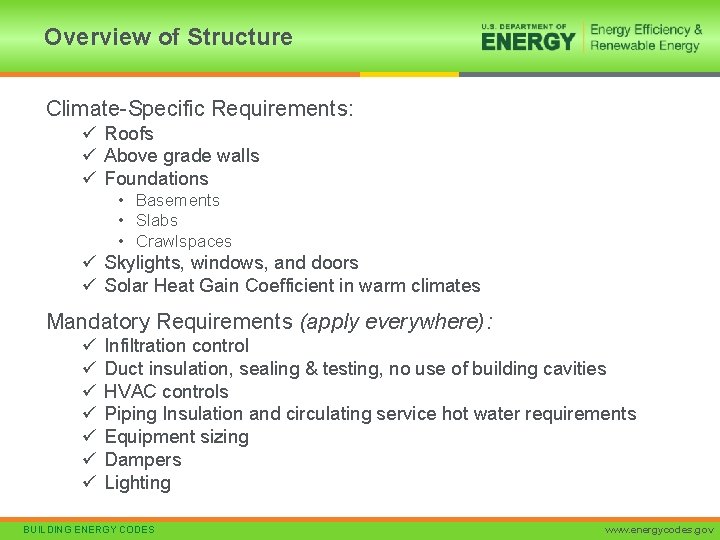 Overview of Structure Climate-Specific Requirements: ü Roofs ü Above grade walls ü Foundations •