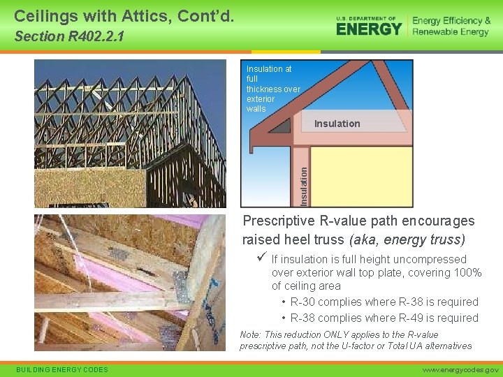 Ceilings with Attics, Cont’d. Section R 402. 2. 1 Insulation at full thickness over
