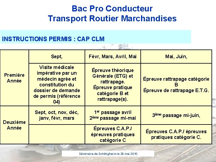 Bac Pro Conducteur Transport Routier Marchandises INSTRUCTIONS PERMIS : CAP CLM Première Année Deuxième