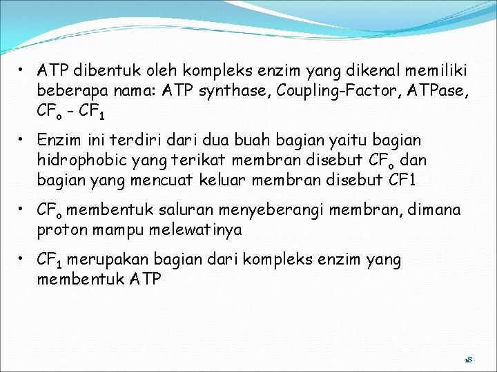  • ATP dibentuk oleh kompleks enzim yang dikenal memiliki beberapa nama: ATP synthase,