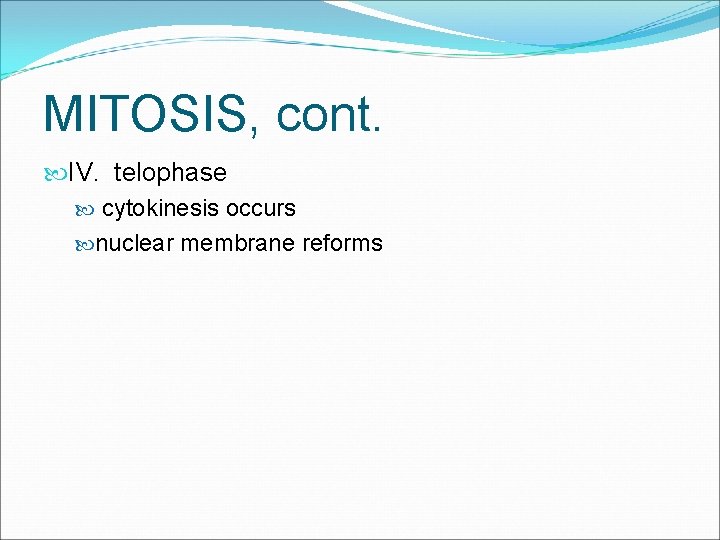 MITOSIS, cont. IV. telophase cytokinesis occurs nuclear membrane reforms 