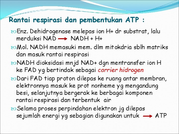 Rantai respirasi dan pembentukan ATP : Enz. Dehidrogenase melepas ion H+ dr substrat, lalu