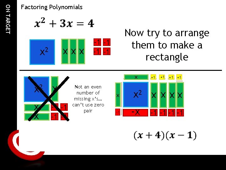  Now try to arrange them to make a rectangle -1 -1 x x