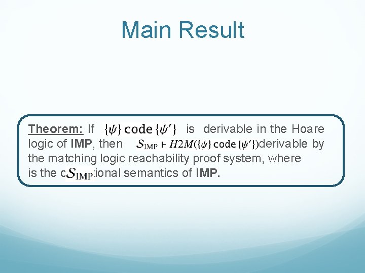 Main Result Theorem: If is derivable in the Hoare logic of IMP, then is