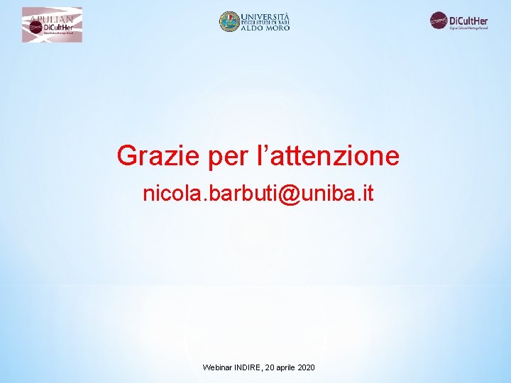 Grazie per l’attenzione nicola. barbuti@uniba. it Webinar INDIRE, 20 aprile 2020 