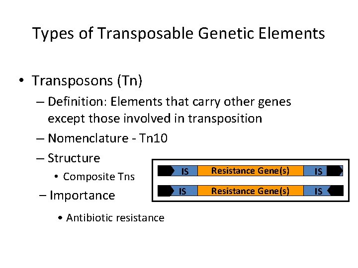 Types of Transposable Genetic Elements • Transposons (Tn) – Definition: Elements that carry other