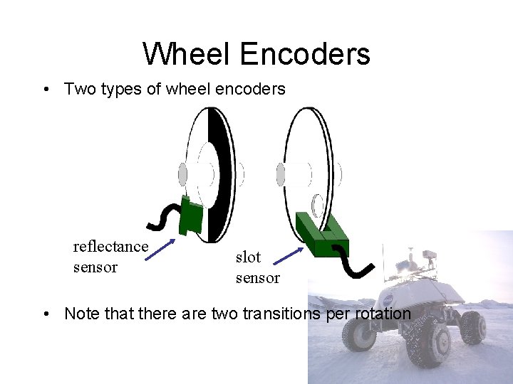 Wheel Encoders • Two types of wheel encoders reflectance sensor slot sensor • Note