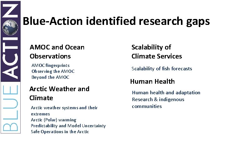 Blue-Action identified research gaps AMOC and Ocean Observations AMOC fingerprints Observing the AMOC Beyond