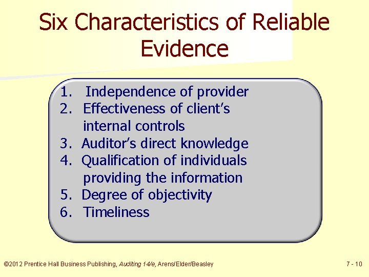 Six Characteristics of Reliable Evidence 1. Independence of provider 2. Effectiveness of client’s internal