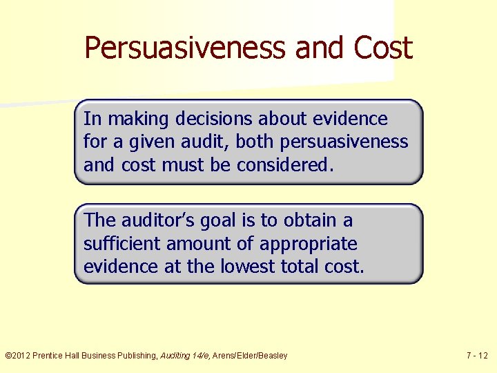 Persuasiveness and Cost In making decisions about evidence for a given audit, both persuasiveness