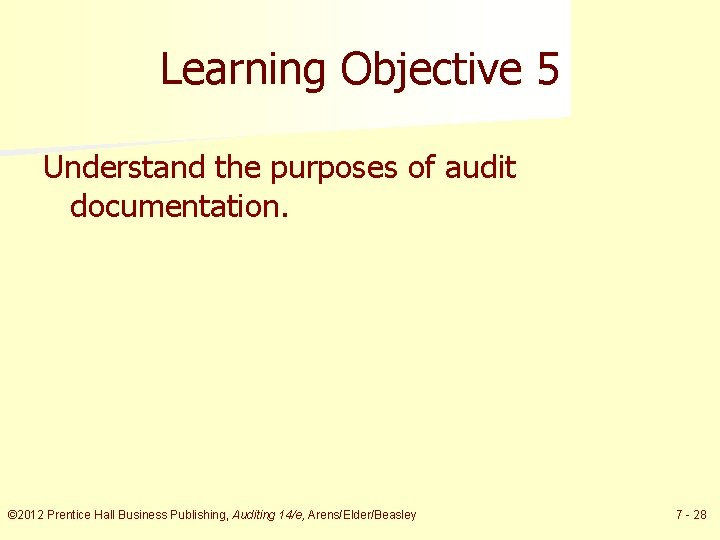 Learning Objective 5 Understand the purposes of audit documentation. © 2012 Prentice Hall Business