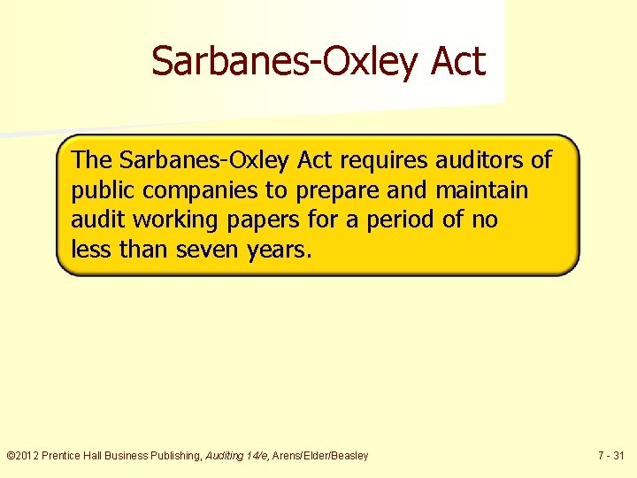 Sarbanes-Oxley Act The Sarbanes-Oxley Act requires auditors of public companies to prepare and maintain