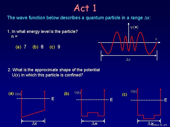 Act 1 The wave function below describes a quantum particle in a range Dx: Act 1 The wave function below describes a quantum particle in a range Dx: