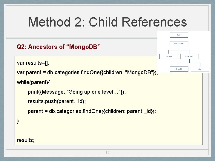 Method 2: Child References Q 2: Ancestors of “Mongo. DB” var results=[]; var parent