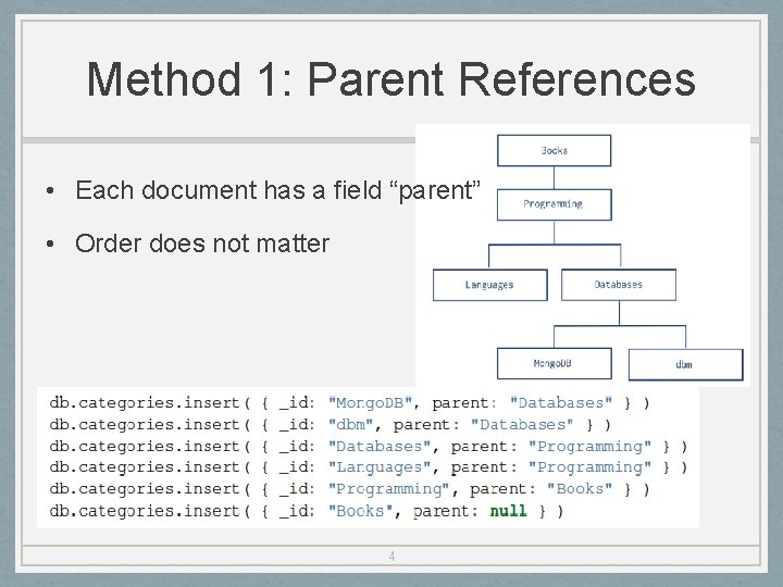 Method 1: Parent References • Each document has a field “parent” • Order does