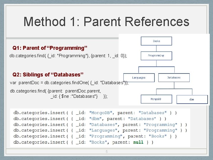 Method 1: Parent References Q 1: Parent of “Programming” db. categories. find( {_id: "Programming"},