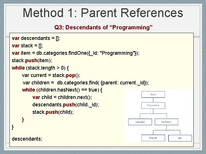 Method 1: Parent References Q 3: Descendants of “Programming” var descendants = []; var