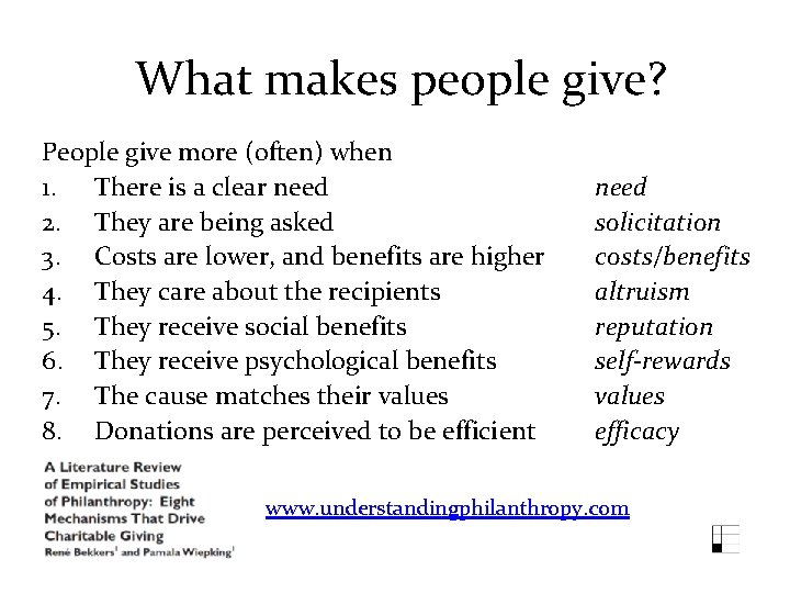 What makes people give? People give more (often) when 1. There is a clear