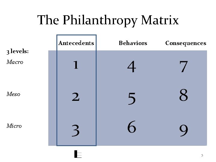 The Philanthropy Matrix Antecedents Behaviors Consequences 3 levels: Macro Meso Micro 5 