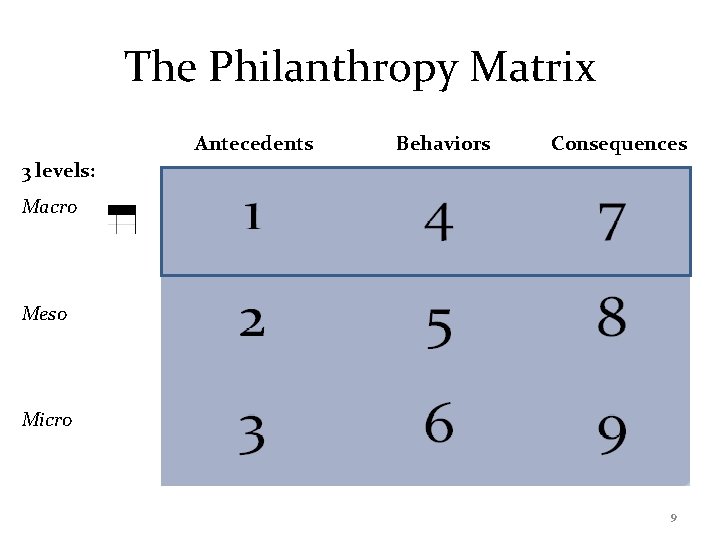 The Philanthropy Matrix Antecedents Behaviors Consequences 3 levels: Macro Meso Micro 9 