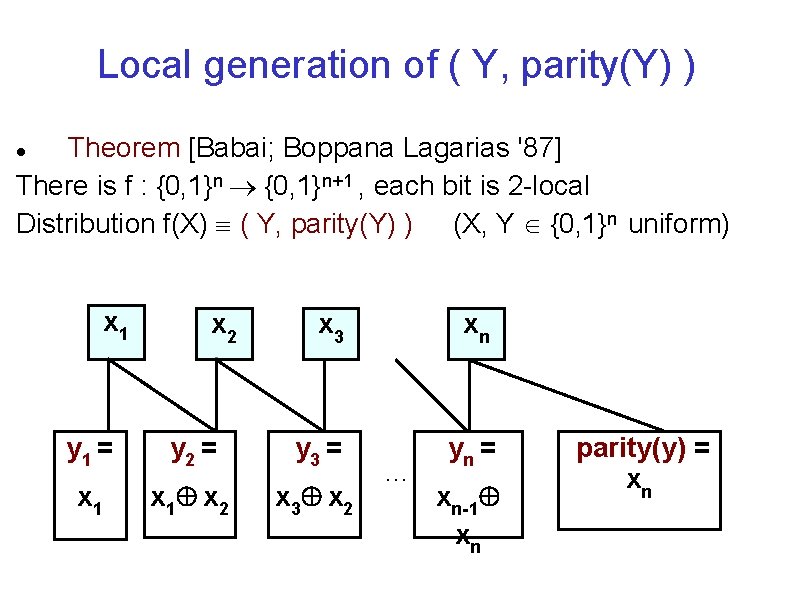 Local generation of ( Y, parity(Y) ) Theorem [Babai; Boppana Lagarias '87] There is