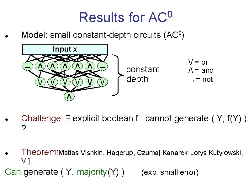 Results for AC 0 Model: small constant-depth circuits (AC 0) Input x V V
